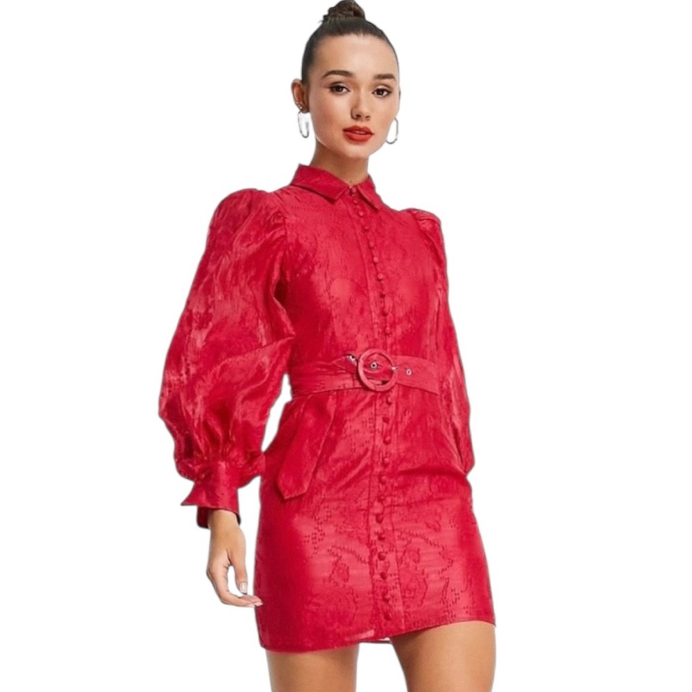 ASOS DESIGN Red Burnout Mini Dress Puff Sleeve Sz 14 *No Belt* Sexy